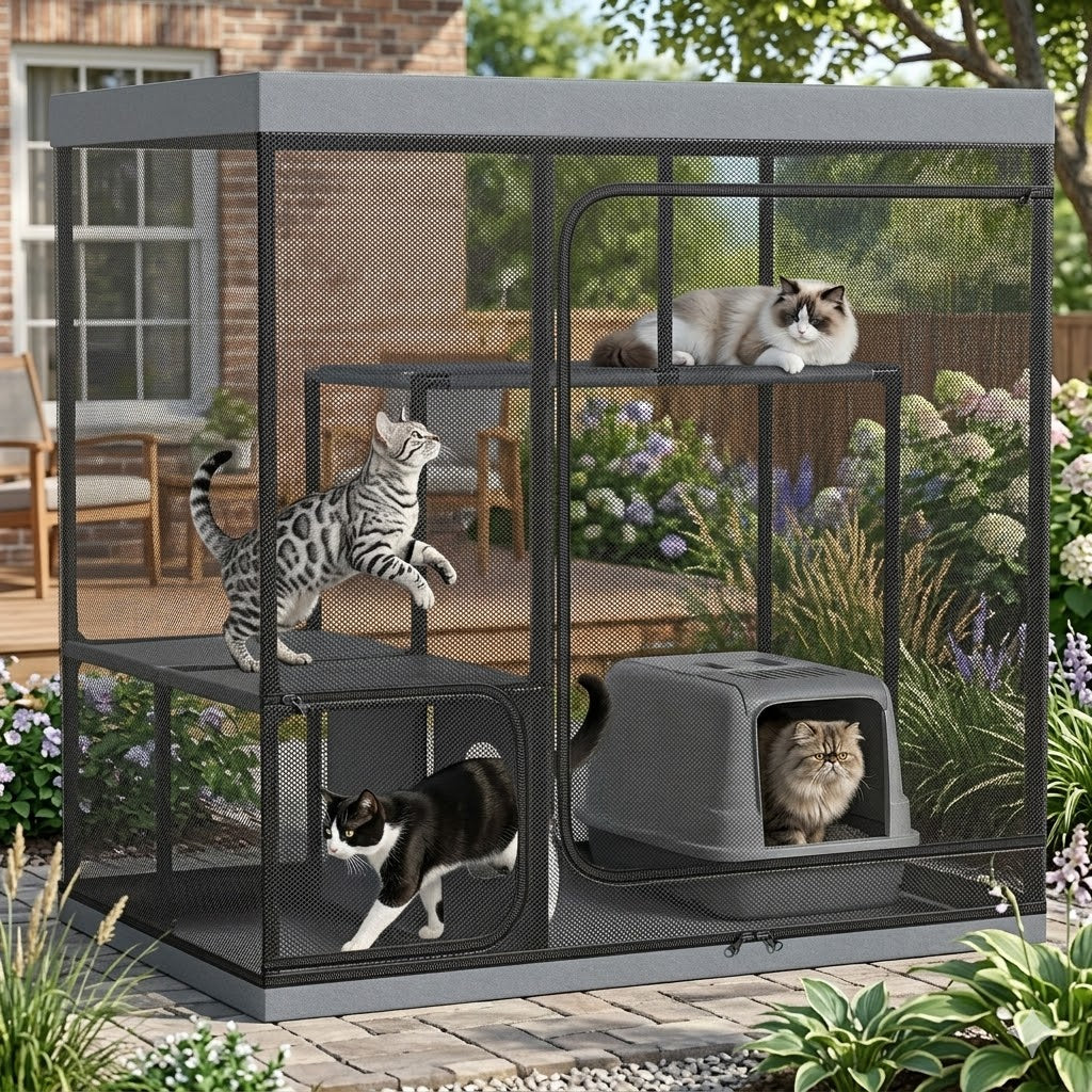 Mashelly Catio Outdoor and Indoor Cat Enclosure for Cats & Small Animals, Furniture and Play Kits, Grey, 49x32.6x49-in