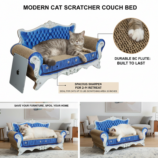 Mashelly Cat Scratcher Sofa Bed, Recycled Cardboard Couch-Shaped Cat Scratcher Lounge with Catnip, Blue, Large
