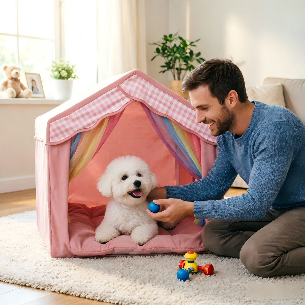 Mashelly Indoor Dog Tent House Bed with Removable Cover, Cozy and Comfortable Puppy, Cat, and Rabbit Kennel Bed/Playhouse Tent with Washable Cushion,Pink, 26 x 25 x 25-in