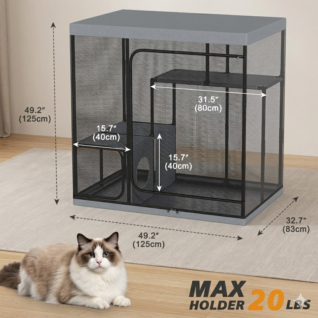 Mashelly Catio Outdoor and Indoor Cat Enclosure for Cats & Small Animals, Furniture and Play Kits, Grey, 49x32.6x49-in
