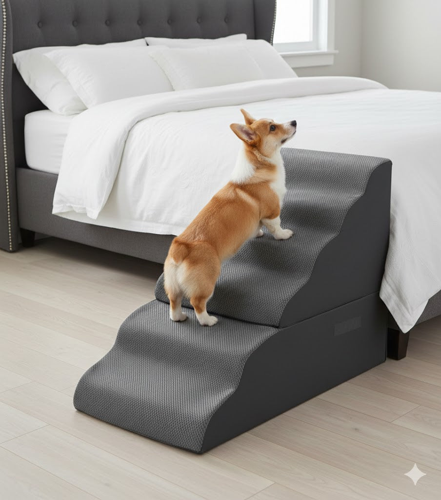 30inches Tall Dog Stairs for High Beds，Doggie Ramp for Bed, 30D Foam Pet Stairs for Old Dogs/Cats, 6-Step，Free-Installation, large，Grey