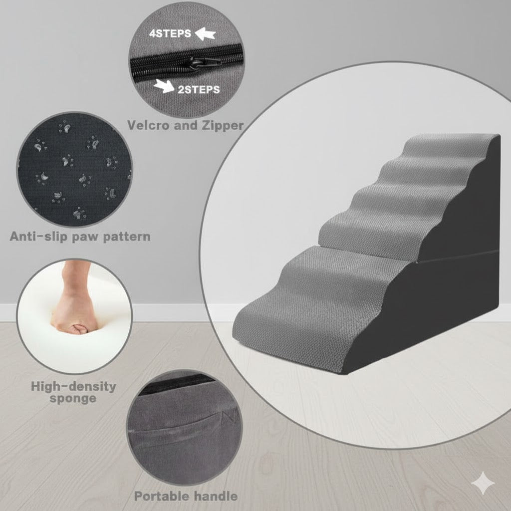 30inches Tall Dog Stairs for High Beds，Doggie Ramp for Bed, 30D Foam Pet Stairs for Old Dogs/Cats, 6-Step，Free-Installation, large，Grey