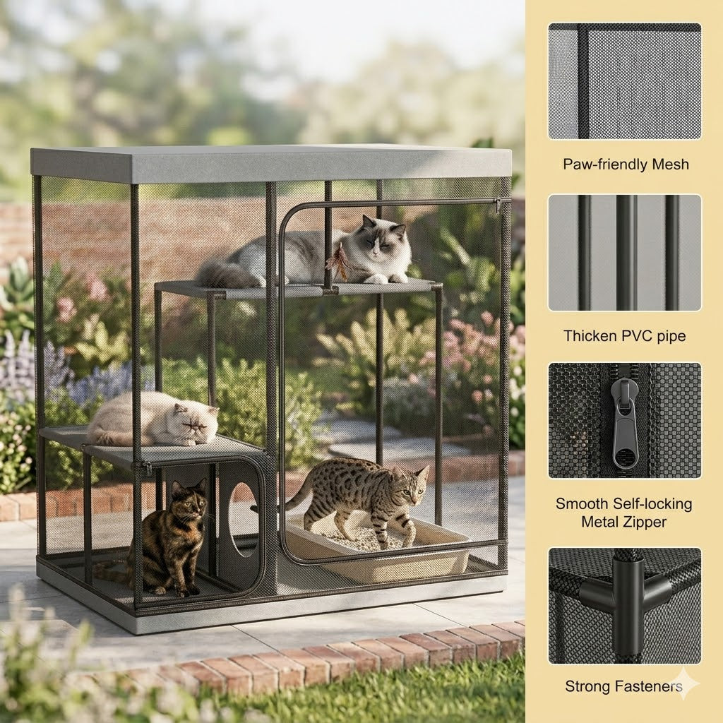 Mashelly Catio Outdoor and Indoor Cat Enclosure for Cats & Small Animals, Furniture and Play Kits, Grey, 49x32.6x49-in