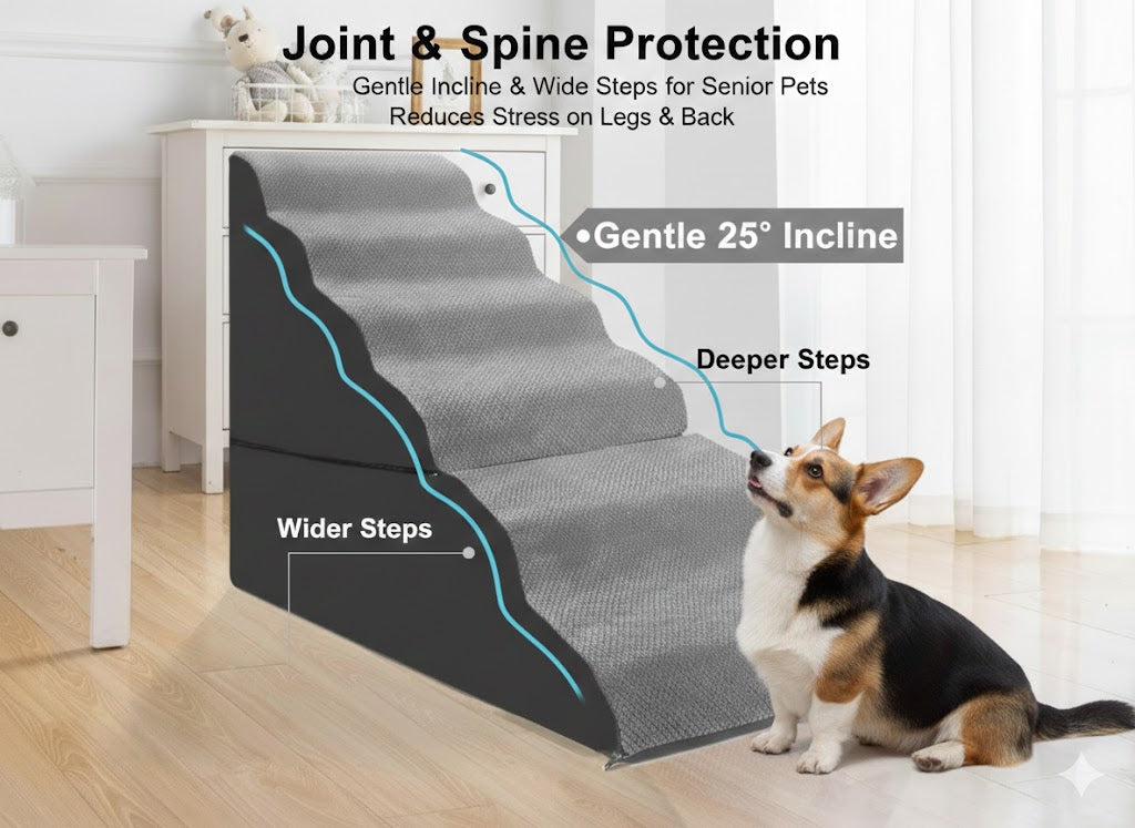 30inches Tall Dog Stairs for High Beds，Doggie Ramp for Bed, 30D Foam Pet Stairs for Old Dogs/Cats, 6-Step，Free-Installation, large，Grey