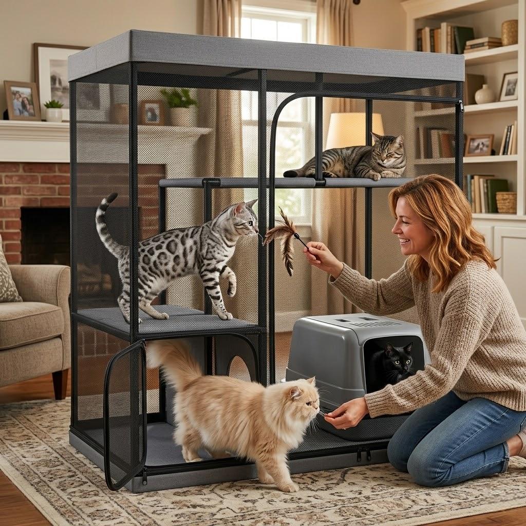 Mashelly Catio Outdoor and Indoor Cat Enclosure for Cats & Small Animals, Furniture and Play Kits, Grey, 49x32.6x49-in
