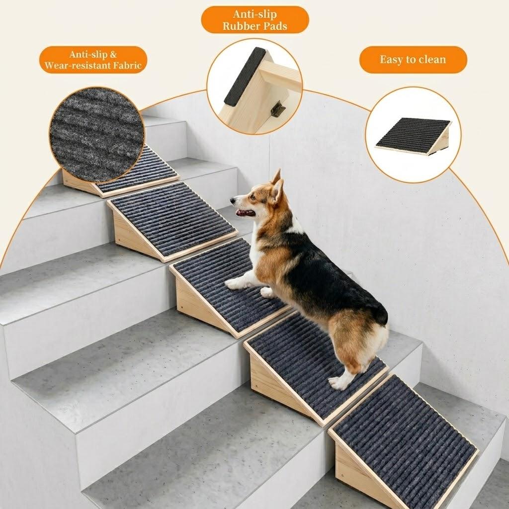 Mashelly Wooden Dog Ramp for Stairs，Pet Steps for Staircase Ramp for Dogs Cats, Suits for Small Medium Large Dogs Cats, Need Installation, 2 Pack