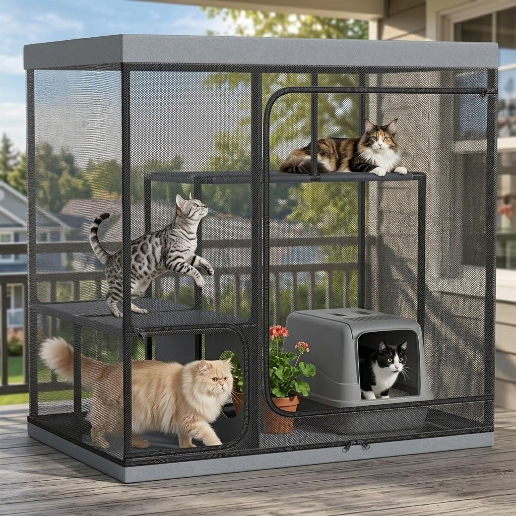 Mashelly Catio Outdoor and Indoor Cat Enclosure for Cats & Small Animals, Furniture and Play Kits, Grey, 49x32.6x49-in