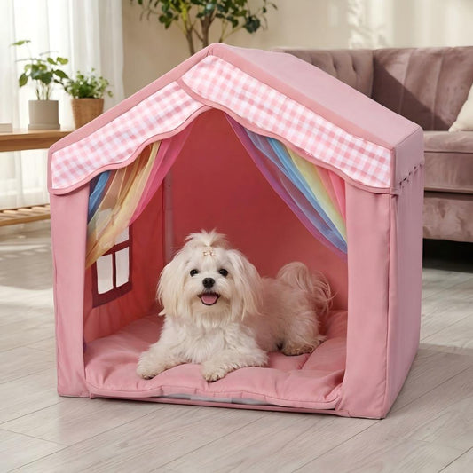 Mashelly Indoor Dog Tent House Bed with Removable Cover, Cozy and Comfortable Puppy, Cat, and Rabbit Kennel Bed/Playhouse Tent with Washable Cushion，Pink, 26 x 25 x 25-in