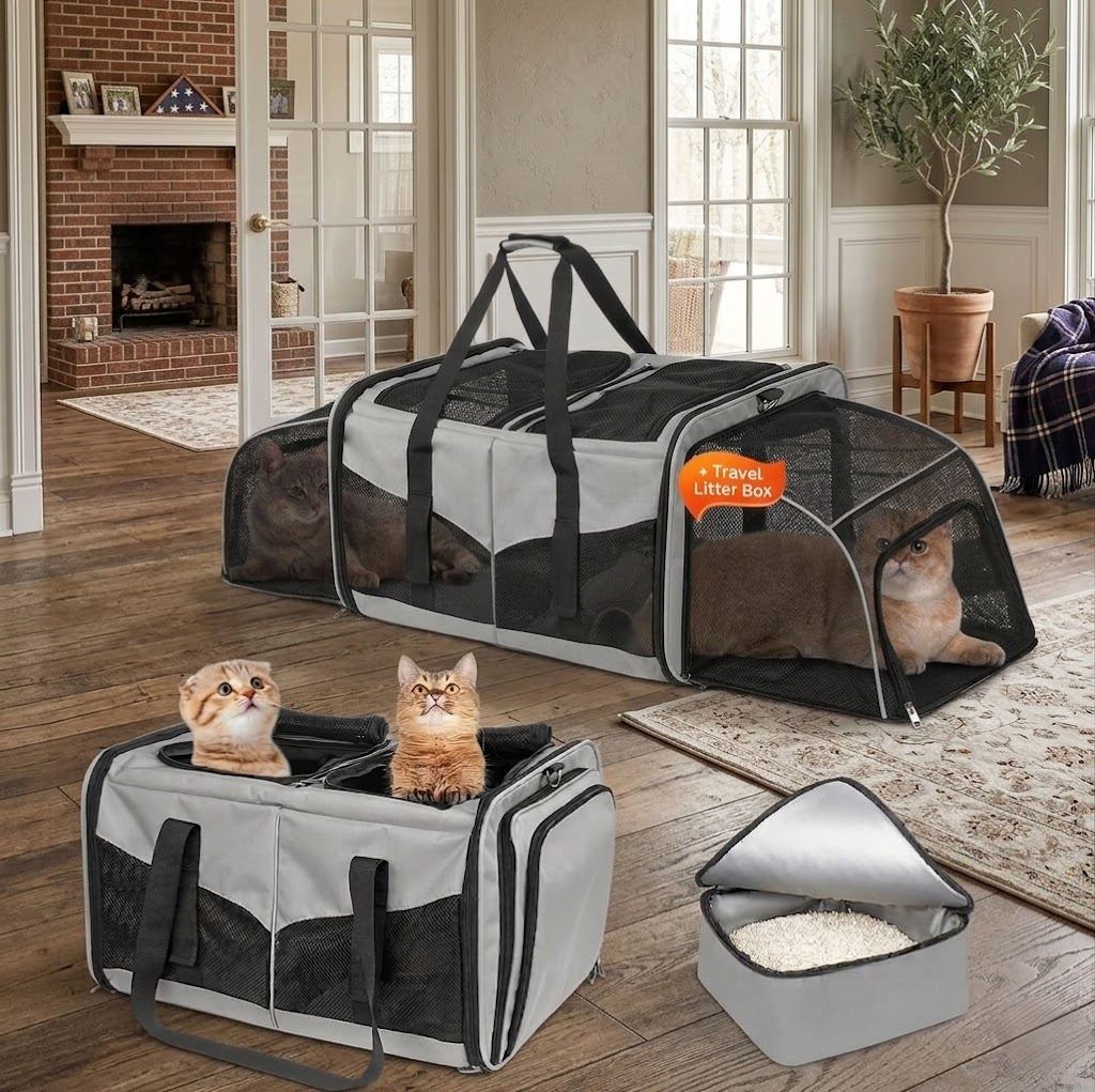 Mashelly Cat Carrying Case, Protable and Breathable Pet Travel Carrier, Double Compartment Cat & Dog Carrier for 2 Cats, Expandable Double Soft Sided Carrier with 2 Litter Boxes