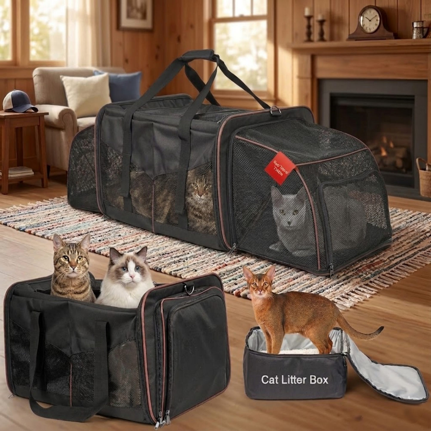Mashelly Cat Carrying Case, Protable and Breathable Pet Travel Carrier, Double Compartment Cat & Dog Carrier for 2 Cats, Expandable Double Soft Sided Carrier with 2 Litter Boxes