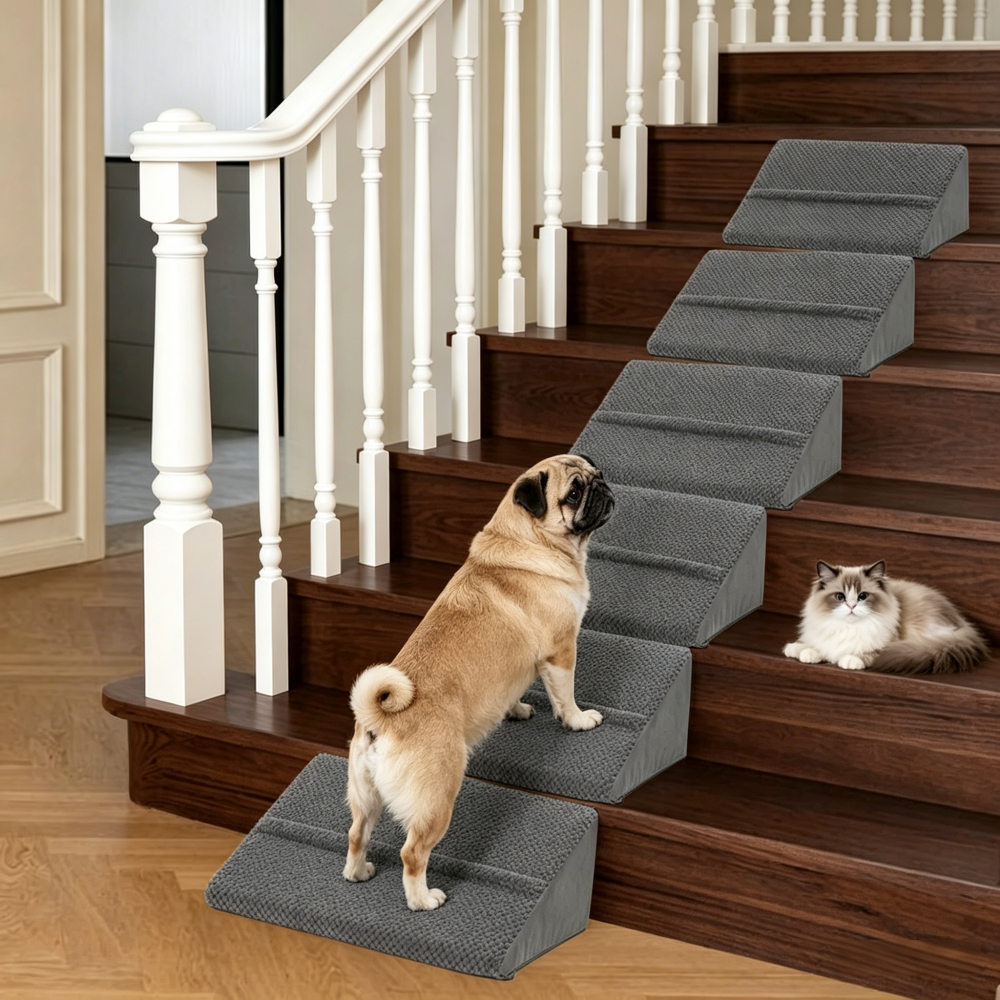 Mashelly 40D Density Foam Dog Ramp for Staircase, with Anti-Slip Bump, Indoor with Self-Sticky Pads to Fix, Pet Ramp Steps Stairs for Small Dogs Cats, 6Pack, Dark Gray