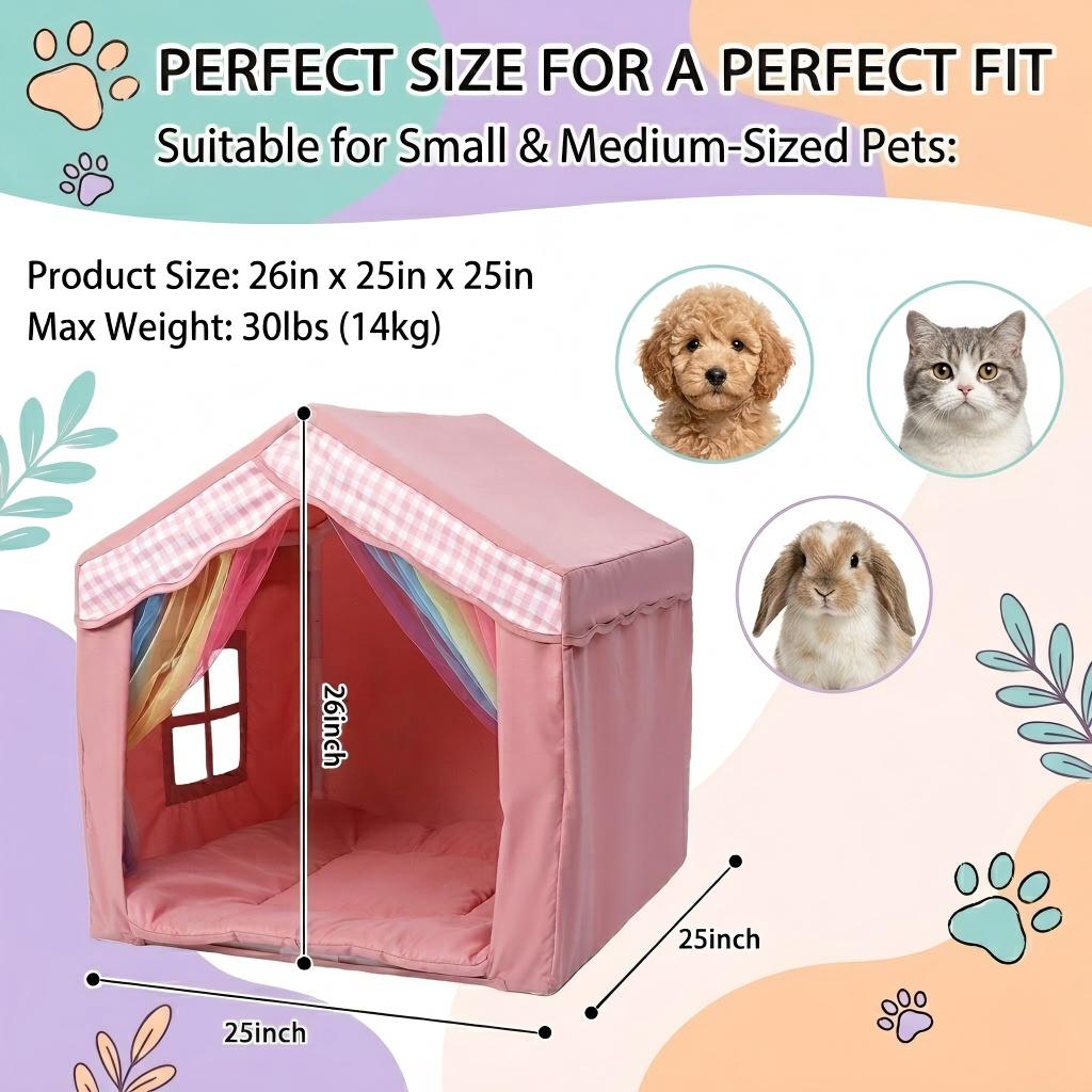Mashelly Indoor Dog Tent House Bed with Removable Cover, Cozy and Comfortable Puppy, Cat, and Rabbit Kennel Bed/Playhouse Tent with Washable Cushion，Pink, 26 x 25 x 25-in