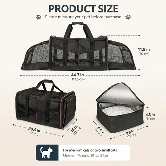 Mashelly Cat Carrying Case, Protable and Breathable Pet Travel Carrier, Double Compartment Cat & Dog Carrier for 2 Cats, Expandable Double Soft Sided Carrier with 2 Litter Boxes