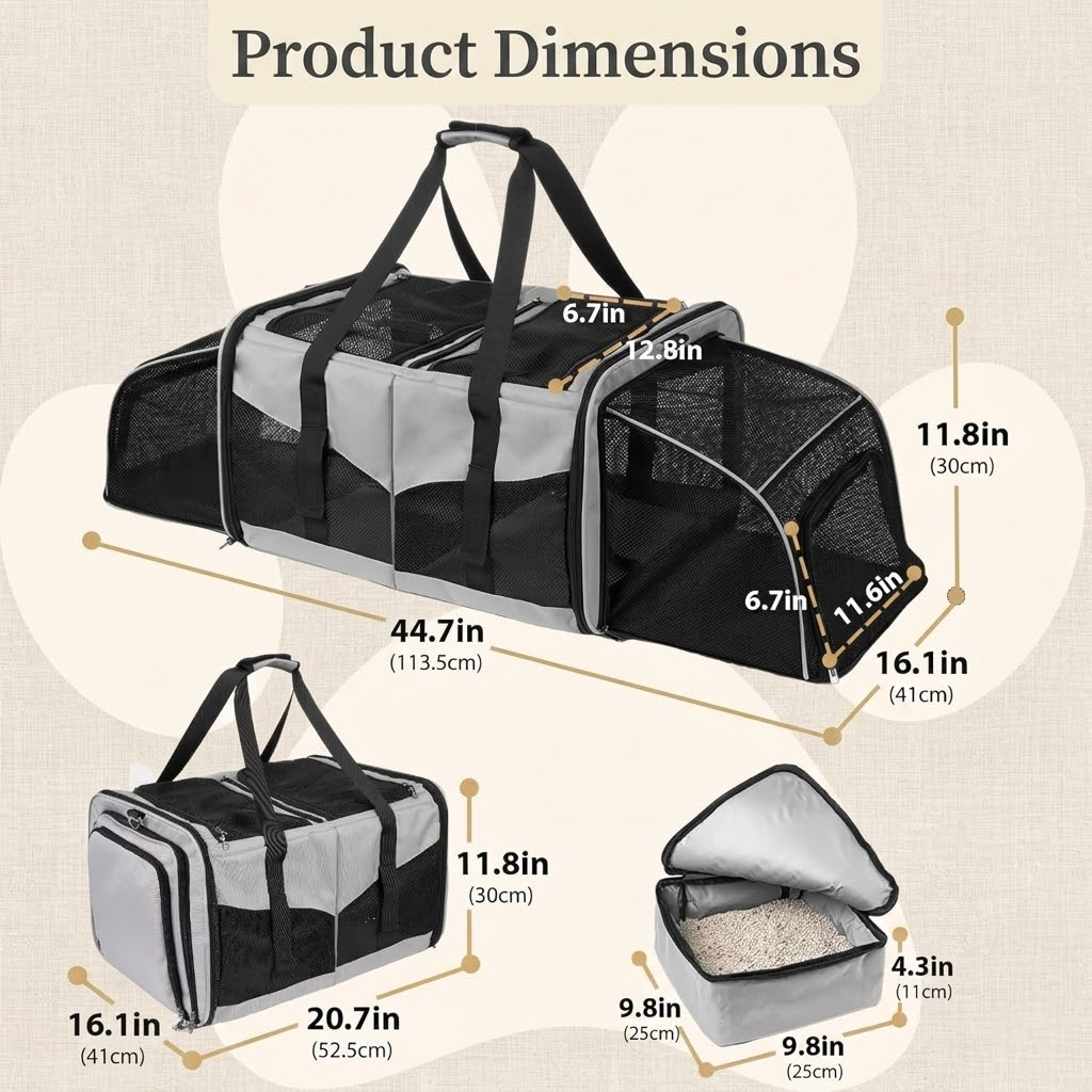 Mashelly Cat Carrying Case, Protable and Breathable Pet Travel Carrier, Double Compartment Cat & Dog Carrier for 2 Cats, Expandable Double Soft Sided Carrier with 2 Litter Boxes