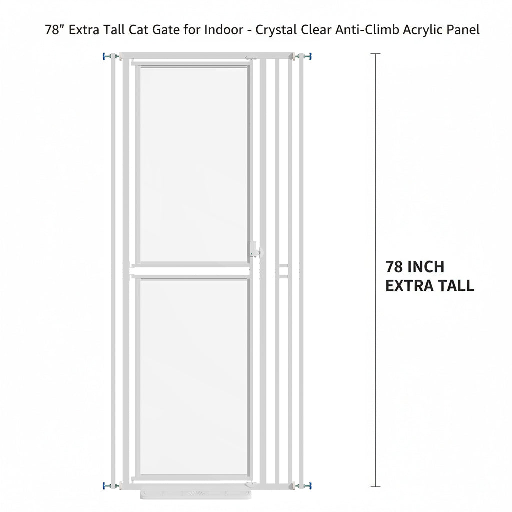 78"Extra Tall Cat and Dog Gate for Doorway,Adjustable 27.5” and 37" Wide,Transparent Full Door Pet, Auto Close No Drilling Cat Proof Safety,White