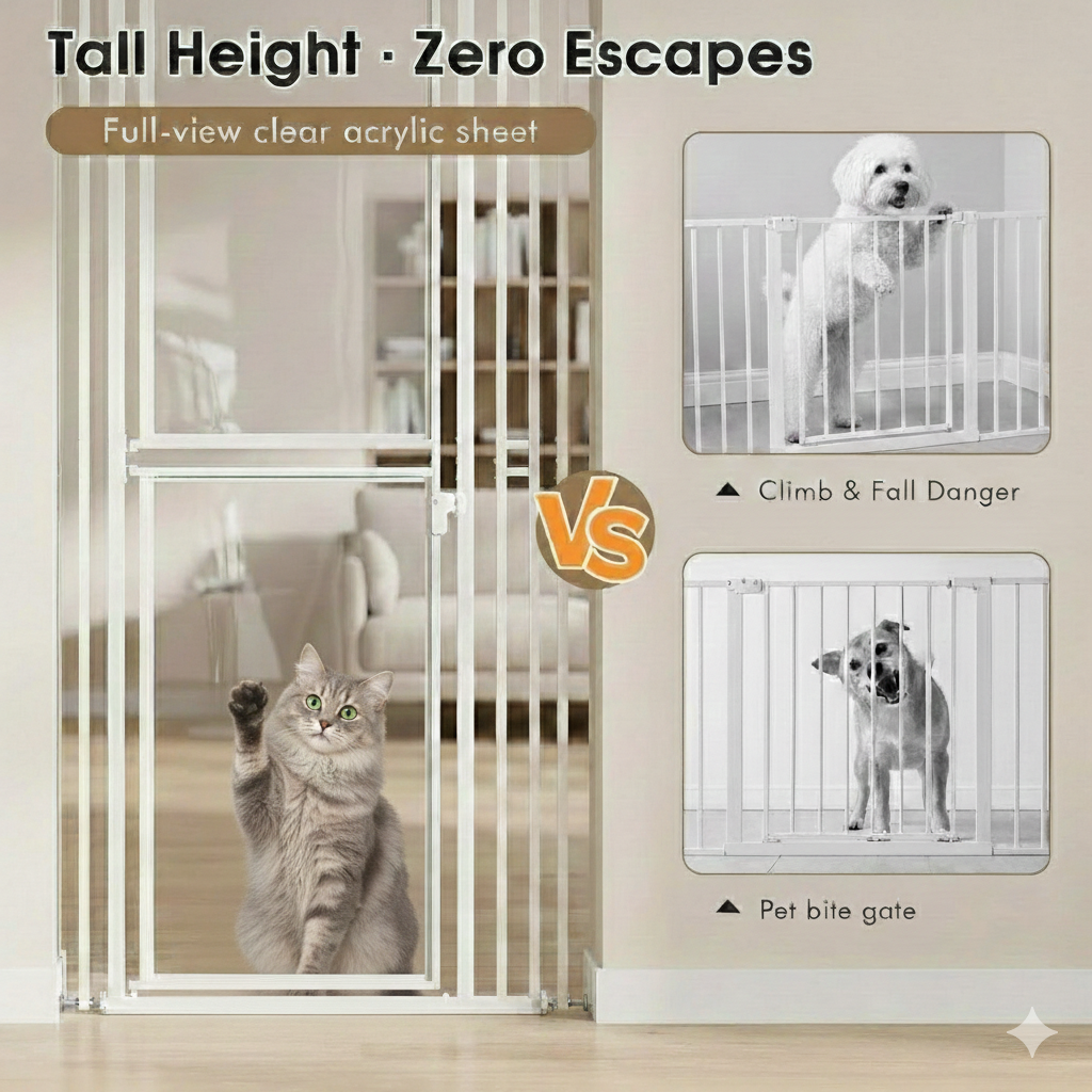 78"Extra Tall Cat and Dog Gate for Doorway,Adjustable 27.5” and 37" Wide,Transparent Full Door Pet, Auto Close No Drilling Cat Proof Safety,White