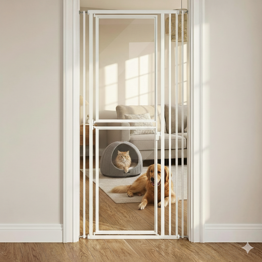 78"Extra Tall Cat and Dog Gate for Doorway,Adjustable 27.5” and 37" Wide,Transparent Full Door Pet, Auto Close No Drilling Cat Proof Safety,White