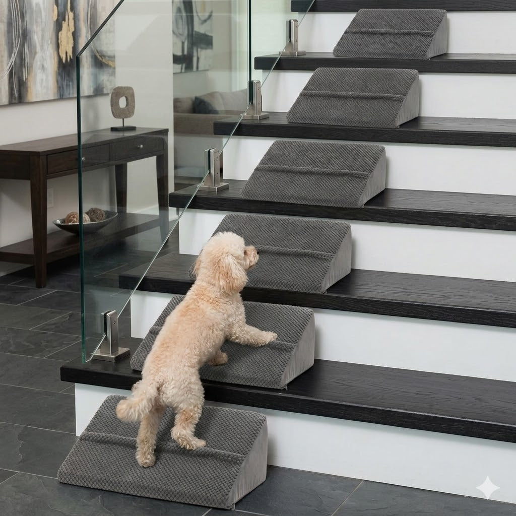 Mashelly 40D Density Foam Dog Ramp for Staircase, with Anti-Slip Bump, Indoor with Self-Sticky Pads to Fix, Pet Ramp Steps Stairs for Small Dogs Cats, 6Pack, Gray