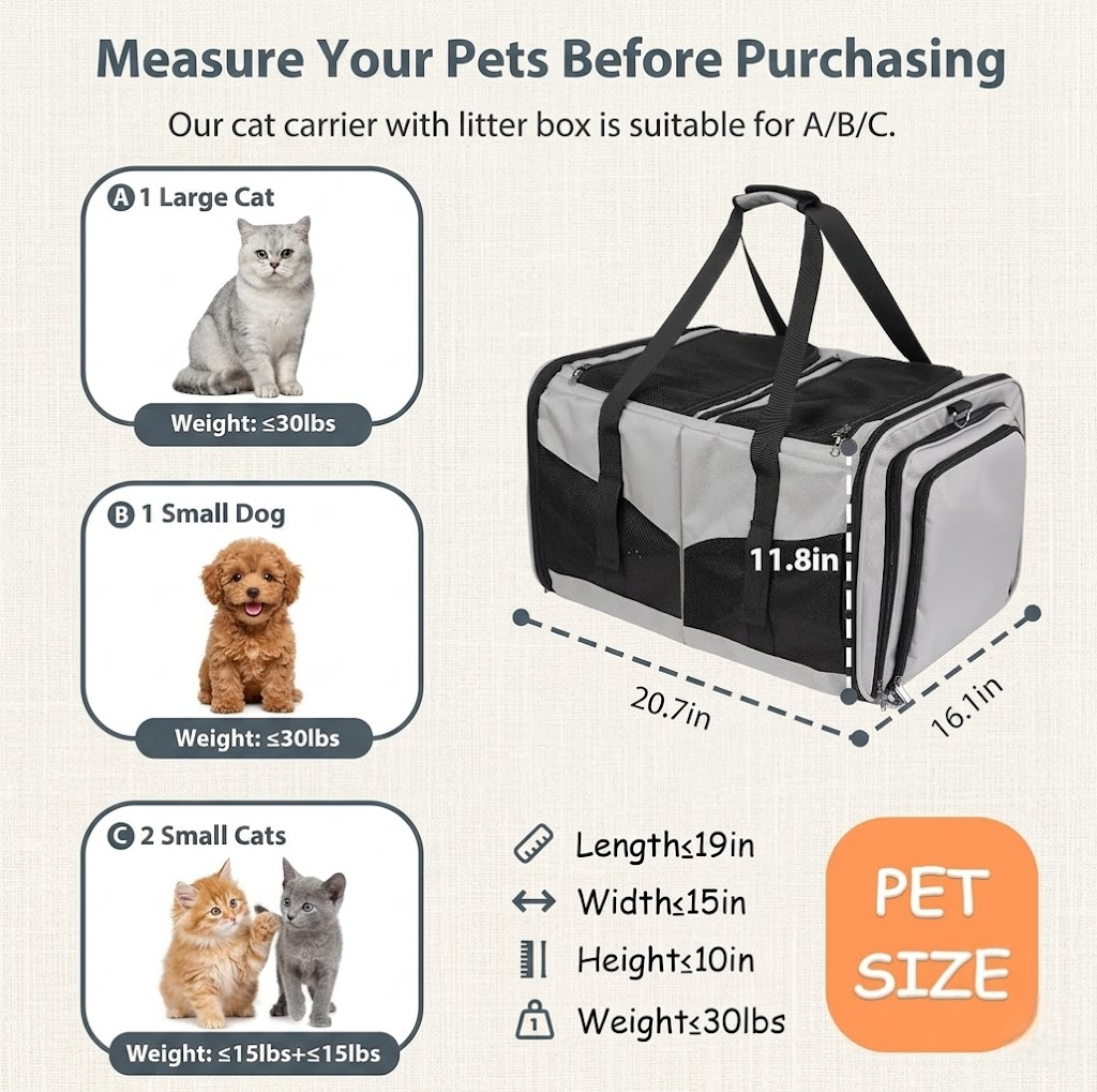 Mashelly Cat Carrying Case, Protable and Breathable Pet Travel Carrier, Double Compartment Cat & Dog Carrier for 2 Cats, Expandable Double Soft Sided Carrier with 2 Litter Boxes