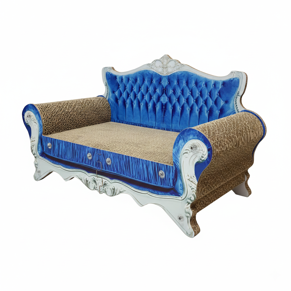 Mashelly Cat Scratcher Sofa Bed， Recycled Cardboard Couch-Shaped Cat Scratcher Lounge with Catnip, Blue, Large