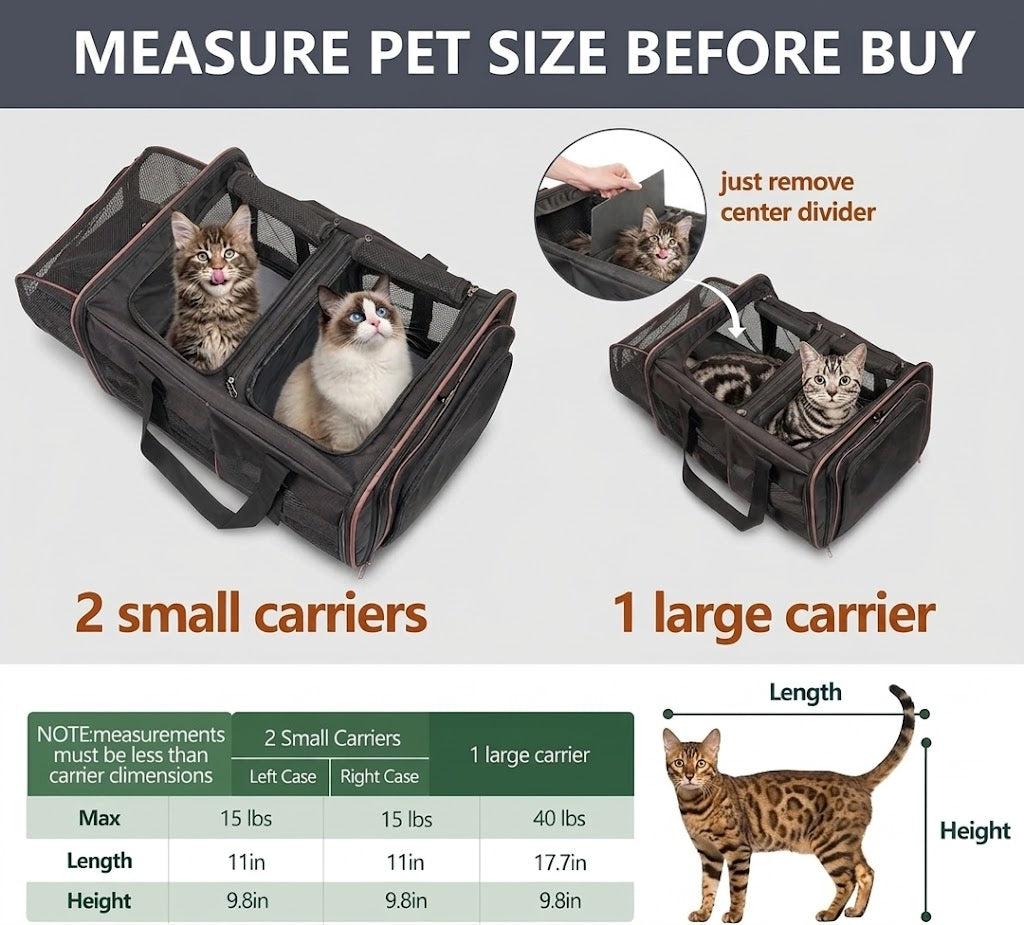 Mashelly Cat Carrying Case, Protable and Breathable Pet Travel Carrier, Double Compartment Cat & Dog Carrier for 2 Cats, Expandable Double Soft Sided Carrier with 2 Litter Boxes
