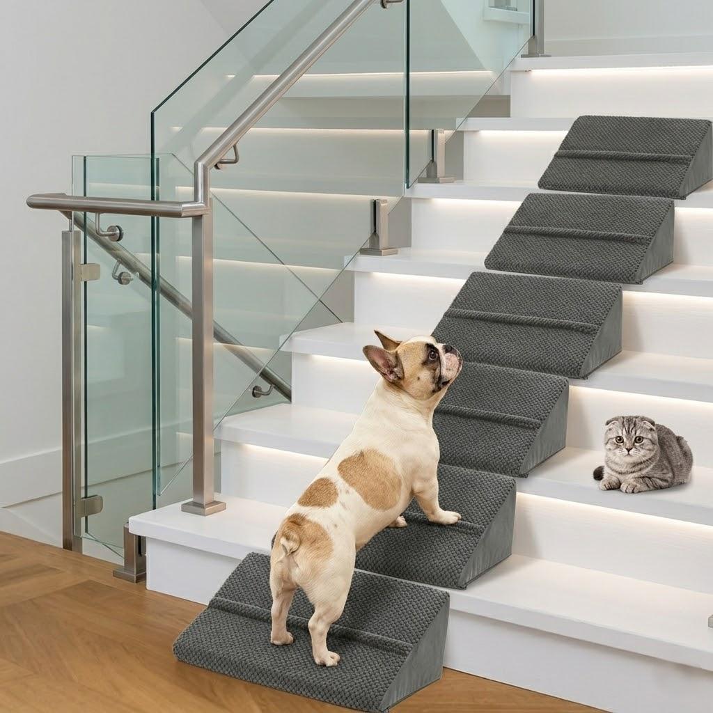 Mashelly 40D Density Foam Dog Ramp for Staircase, with Anti-Slip Bump, Indoor with Self-Sticky Pads to Fix, Pet Ramp Steps Stairs for Small Dogs Cats, 6Pack, Dark Gray