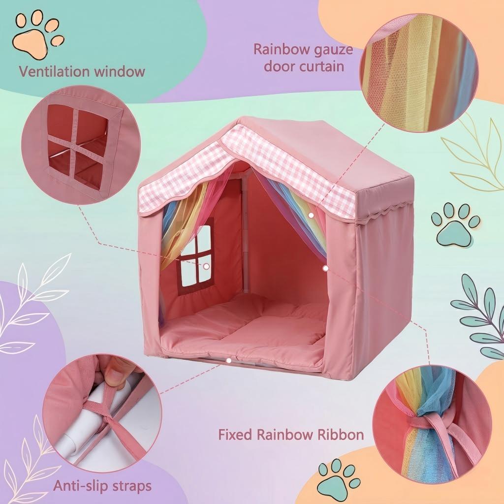Mashelly Indoor Dog Tent House Bed with Removable Cover, Cozy and Comfortable Puppy, Cat, and Rabbit Kennel Bed/Playhouse Tent with Washable Cushion，Pink, 26 x 25 x 25-in