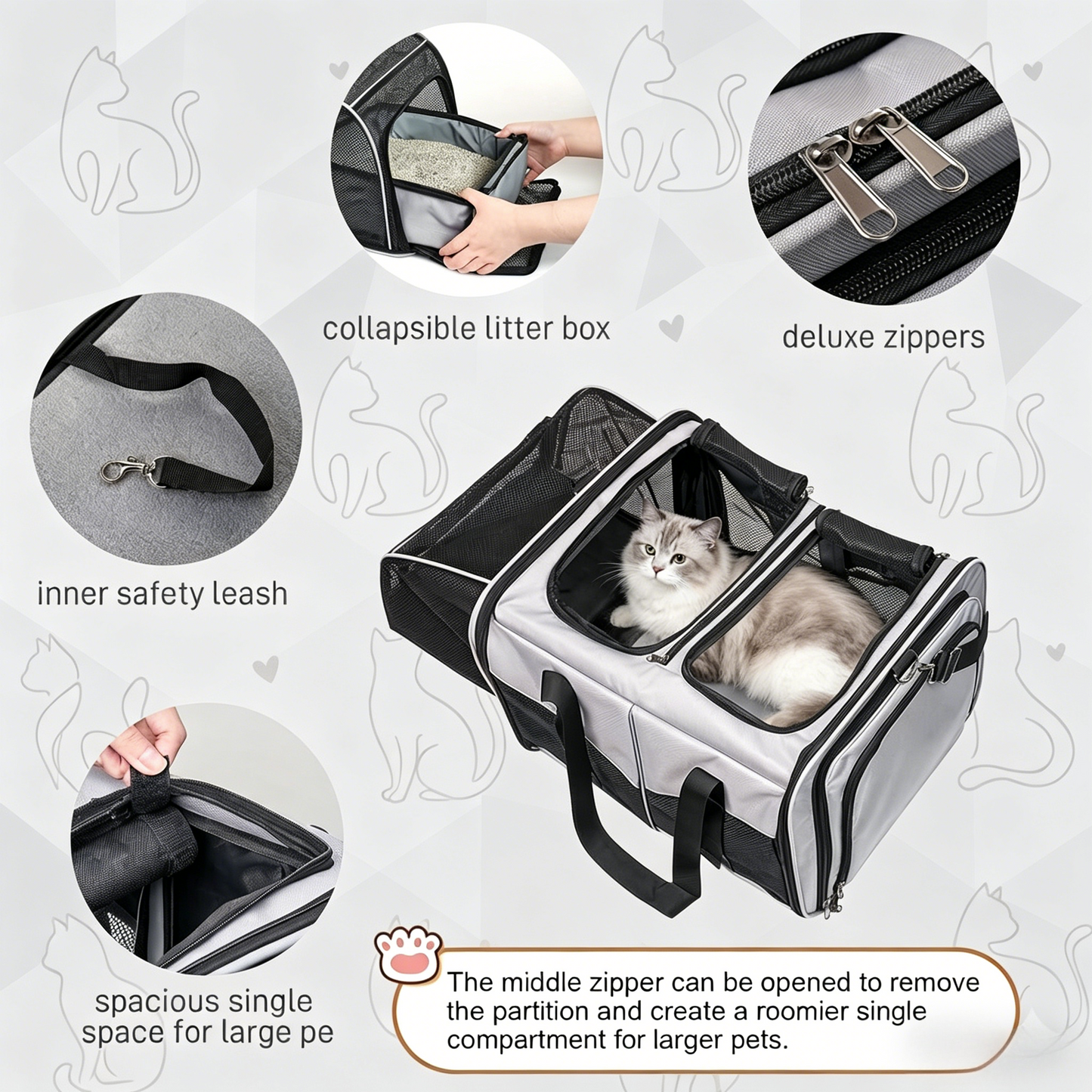Mashelly Cat Carrying Case, Protable and Breathable Pet Travel Carrier, Double Compartment Cat & Dog Carrier for 2 Cats, Expandable Double Soft Sided Carrier with 2 Litter Boxes