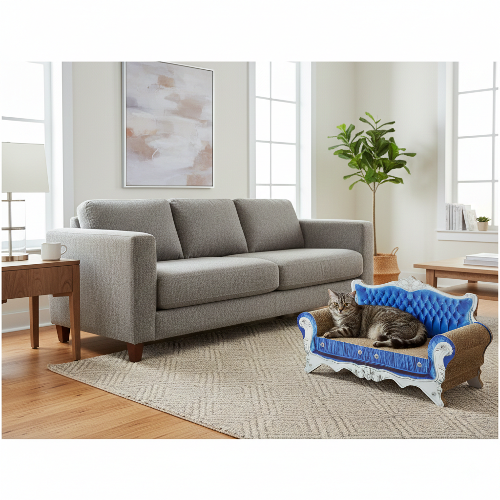 Mashelly Cat Scratcher Sofa Bed， Recycled Cardboard Couch-Shaped Cat Scratcher Lounge with Catnip, Blue, Large