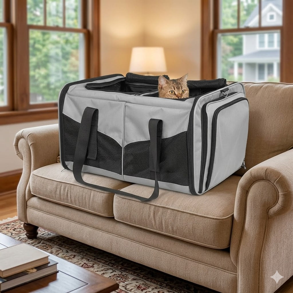 Mashelly Cat Carrying Case, Protable and Breathable Pet Travel Carrier, Double Compartment Cat & Dog Carrier for 2 Cats, Expandable Double Soft Sided Carrier with 2 Litter Boxes