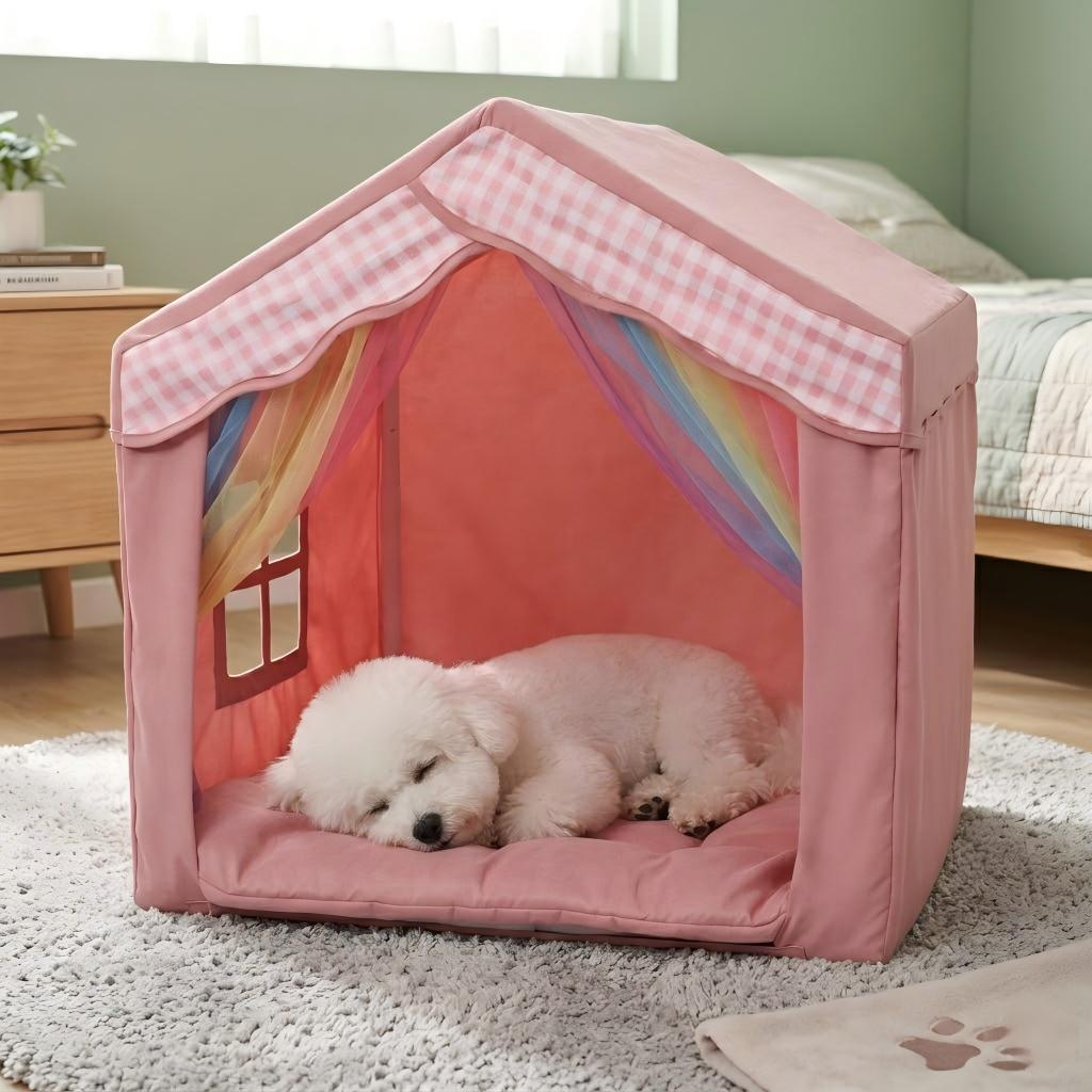 Mashelly Indoor Dog Tent House Bed with Removable Cover, Cozy and Comfortable Puppy, Cat, and Rabbit Kennel Bed/Playhouse Tent with Washable Cushion，Pink, 26 x 25 x 25-in