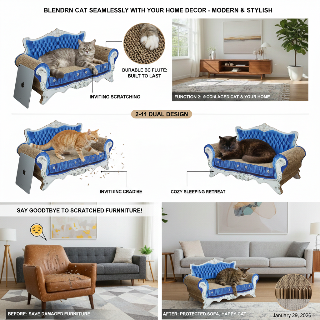 Mashelly Cat Scratcher Sofa Bed， Recycled Cardboard Couch-Shaped Cat Scratcher Lounge with Catnip, Blue, Large