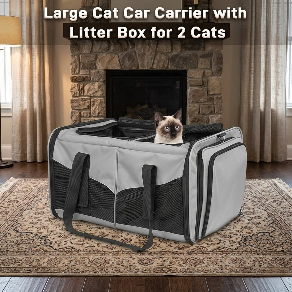 Mashelly Cat Carrying Case, Protable and Breathable Pet Travel Carrier, Double Compartment Cat & Dog Carrier for 2 Cats, Expandable Double Soft Sided Carrier with 2 Litter Boxes