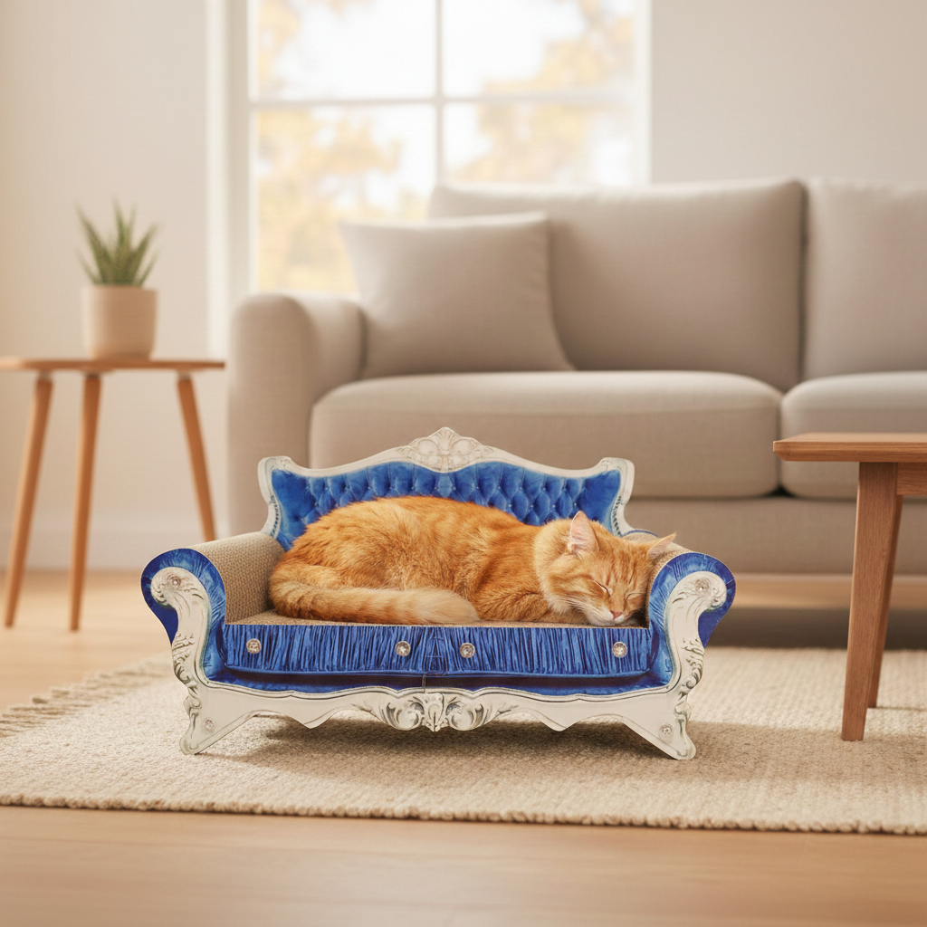 Mashelly Cat Scratcher Sofa Bed， Recycled Cardboard Couch-Shaped Cat Scratcher Lounge with Catnip, Blue, Large