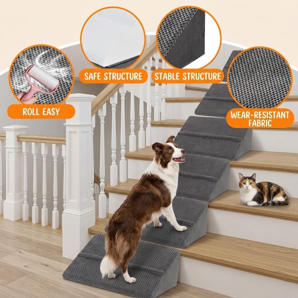 Mashelly 40D Density Foam Dog Ramp for Staircase, with Anti-Slip Bump, Indoor with Self-Sticky Pads to Fix, Pet Ramp Steps Stairs for Small Dogs Cats, 6Pack, Dark Gray