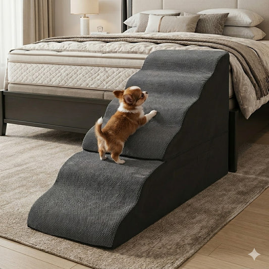 30inches Tall Dog Stairs for High Beds，Doggie Ramp for Bed, 30D Foam Pet Stairs for Old Dogs/Cats, 6-Step，Free-Installation, large，Grey